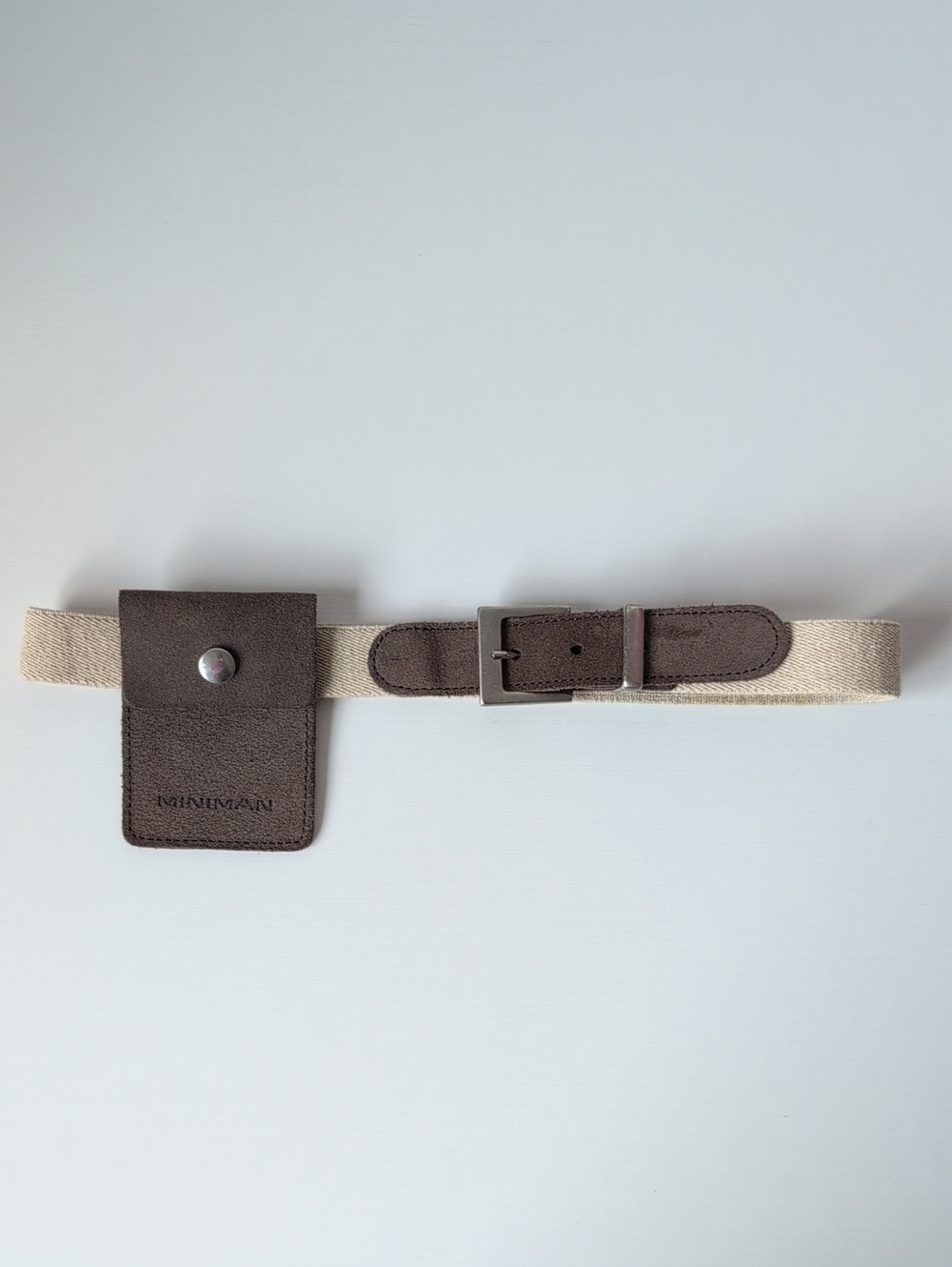 Beige Stretch Canvas Belt with Brown Leather Pouch